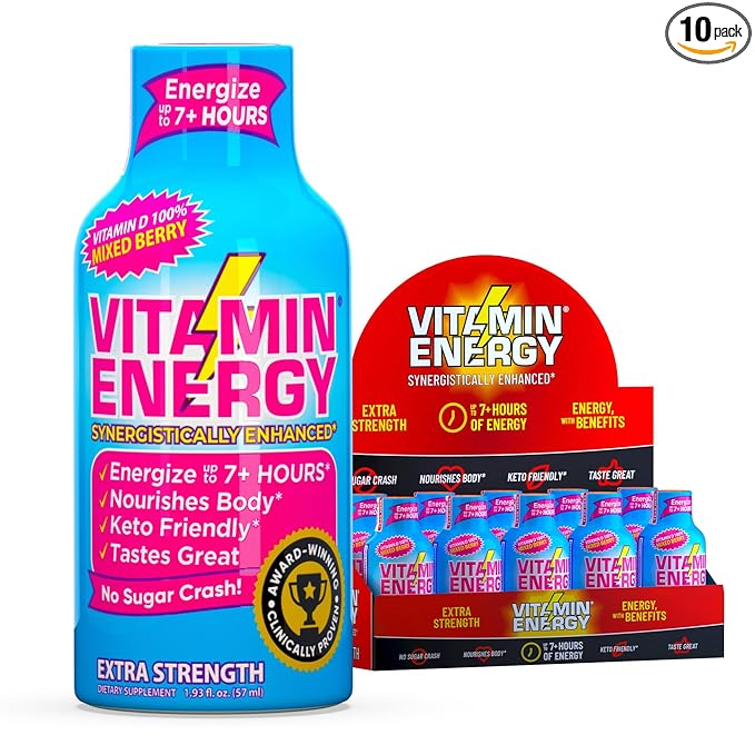 Vitamin Energy Vitamin D Extra Strength Energy Shot Mixed Berry 10 Pack, 260mg Natural Caffeine, B-Complex, Vitamin D, Wellness Support, Keto, Zero Sugar, Gluten-Free Vegan Kosher, 1.93 fl oz - Bloomnest