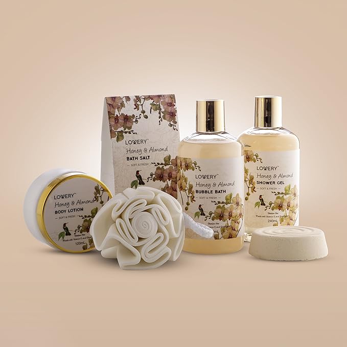 Womens Gifts, Gift Baskets for Women Who Have Everything, Home Spa Honey & Almond Scent, Luxury Bath & Body Set - Shower Gel, Bubble Bath, Body Lotion, Salts, Bath Bomb, Bath Puff & Handmade Basket - Bloomnest