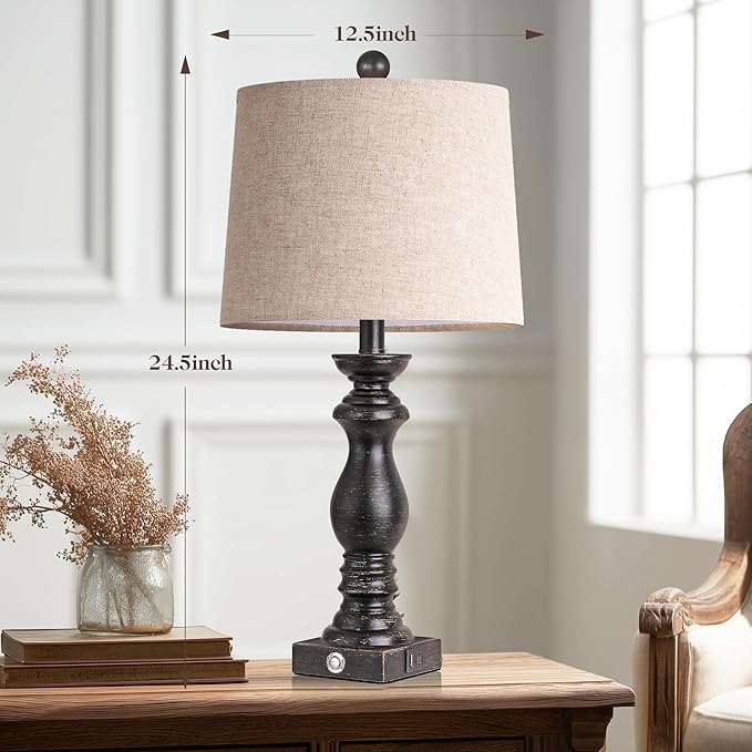 24.5" Table Lamp Set of 2, Rustic Farmhouse Bedside Lamps with USB A+C Charging Ports, 3-Way Dimmable Touch Control Nightstand Lamps for Living Room Bedroom, Antique Black, LED Bulbs Included - Bloomnest