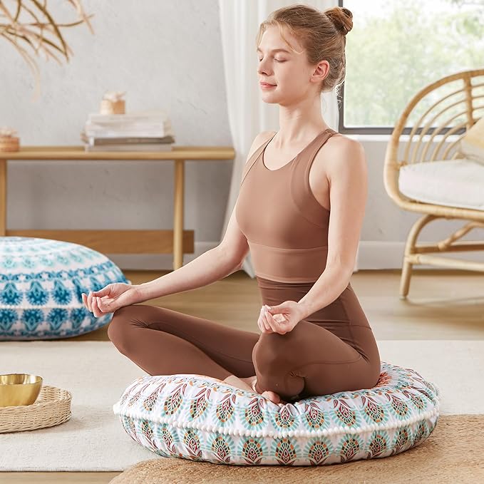 Codi Floor Pillows for Adults Set of 2, Large Boho Meditation Cushions with Memory Foam, Round Mandala Seating for Outdoor Yoga and Living Room, Washable, 32 Inch, Coral