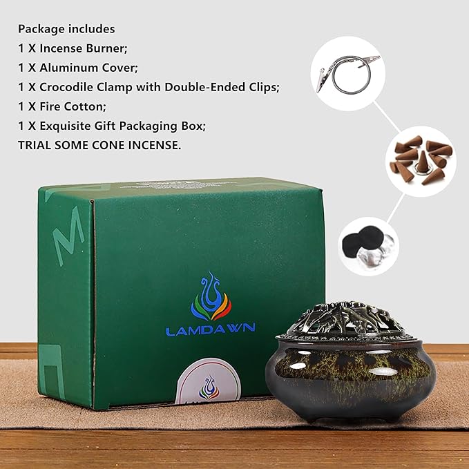 Incense Burner with Calabash Incense Stick Holder - Porcelain Charcoal Censer for Use with Resin Granular Powder Cone or Coil Incense (Fambe Green) - Bloomnest