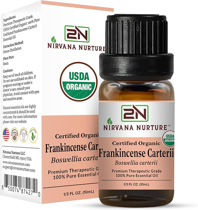 Frankincense Carterii Essential Oil, USDA Certified Organic, 100% Pure Undiluted, Aromatherapy Oil for Diffuser, Hair & Skin Care NirvanaNurture