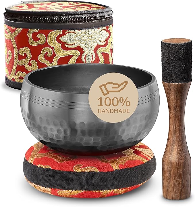 Tibetan Singing Bowl Set with Case – Authentic Plain Design – Meditation Bowl & Sound Bowl with Cushion, Mallet & Guide – Sound Healing Bowls – Nepali Singing Bowls – Yoga Therapy Set