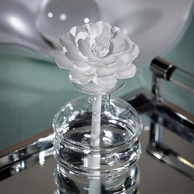 Zodax Grand Casablanca Reed Diffuser - Home Fragrance Oil Diffuser Ideal for Living Room, Bathroom, Office - Porcelain Flower Design - Gift Box Packaging Included - White Rose - 6.76 Oz.