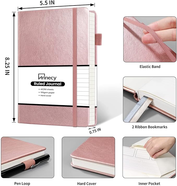 Annecy Lined Journal Notebook, Hardcover Leather Journal for Women & Men, 160 Numbered Pages, Medium 5.5" x 8.25", 100 GSM Thick Paper, Rose Gold - Bloomnest