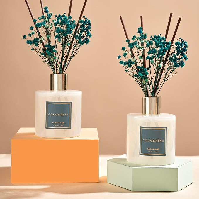 Cocorrína Premium Reed Diffuser Set with Preserved Baby's Breath & Cotton Stick Cashmere Vanilla 2 Packs, 6.7oz Scent Fragrance Oil Diffuser for Bedroom Bathroom Home Décor - Bloomnest