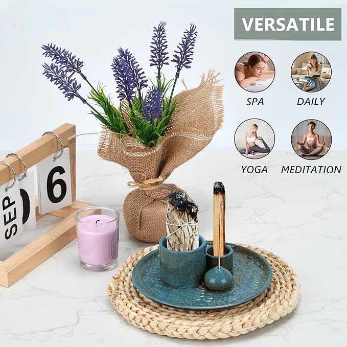 Ceramic Incense Holder Set with Decorative Tray, White, Intricate Pattern Design, 5.9x5.9x2 Inch, for Sticks, Cones, Palo Santo, Sage (Blue) - Bloomnest