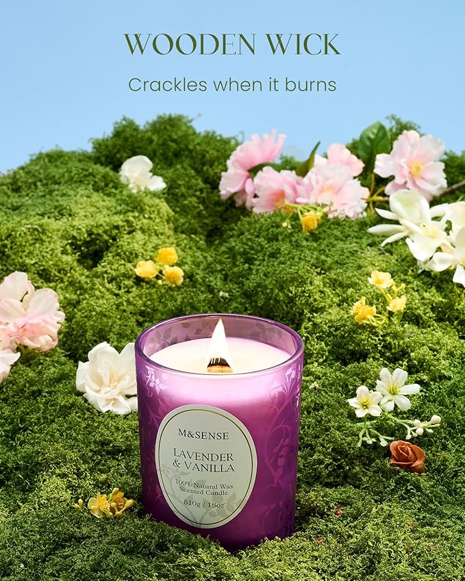 M&SENSE Lavender Vanilla Scented Candle, Cracking Wooden Wick Soy Wax, 18oz 100 Hours Long Lasting Clean Burn, Large Jar Candles for Home Decor, Non-Toxic Relaxing Aromatherapy Gifts for Women - Bloomnest