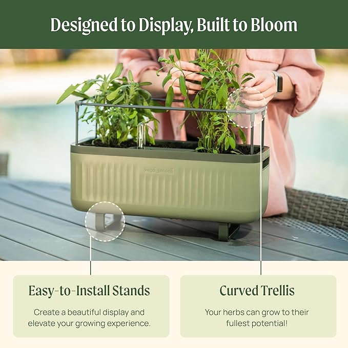 Vego garden Herb Indoor Plant Box, Self Watering Planters Pots for Indoor Plants with Trellis for Kitchen Window Sill or Countertop Plants Cage - Sage Green - Bloomnest