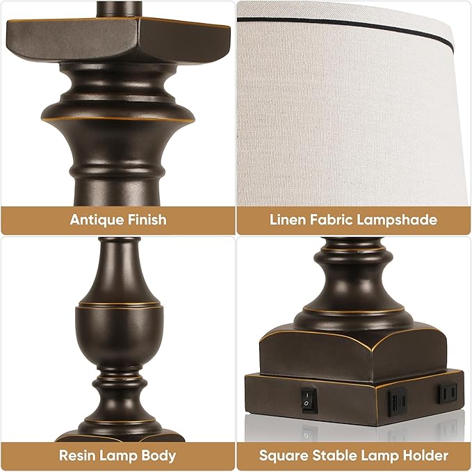 28'' Farmhouse Bedside Lamps Set of 2, Black Gold Table Lamps for Nightstand, Desk Lamps with Linen Shades, Table Lamps with USB A+C Port, Nightstand Lamps for Bedroom, Rocker Switch, Bulb Included - Bloomnest