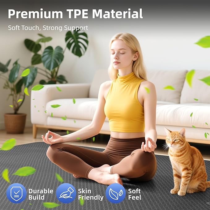 Thick TPE Yoga Mat 72"x48" - 6/8/10/12mm Extra Cushion for Joint Support & Comfort, Non-Slip Texture, Durable & Waterproof, Includes Bag, Strap & Towel for Home Workout, Pilates & Yoga - Bloomnest