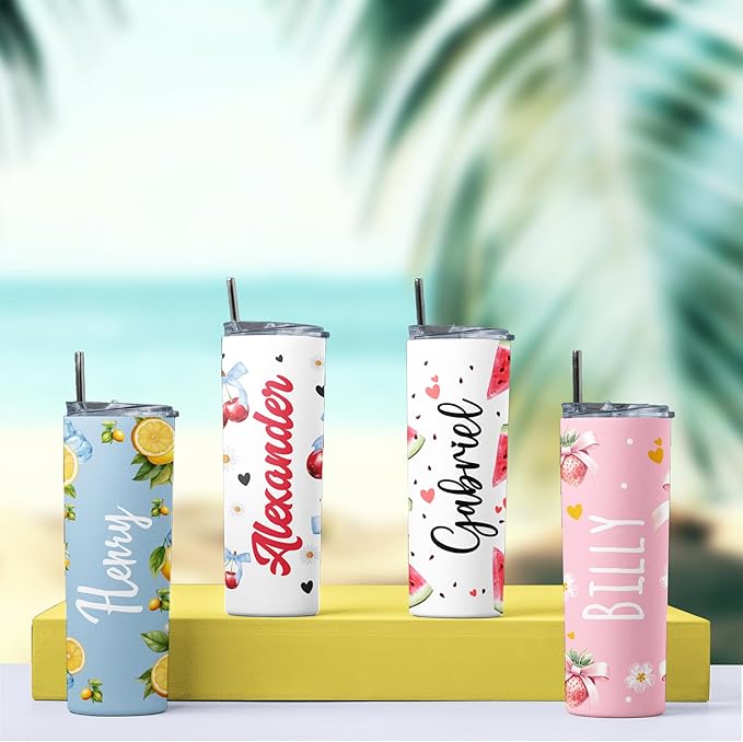 Personalized 20 Oz Skinny Tumbler - Custom Name Skinny Tumbler with Summer Design, BPA-Free Stainless Steel, 6 Designs - Customized Summer Gift - Bloomnest
