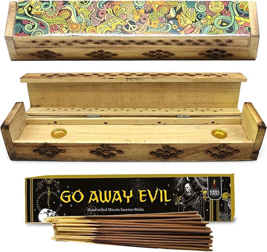 SOUL STICKS Handmade Carved Incense Burner Wooden Coffin Box with Storage Includes Go Away Evil Incense Sticks (Love Art) - Bloomnest