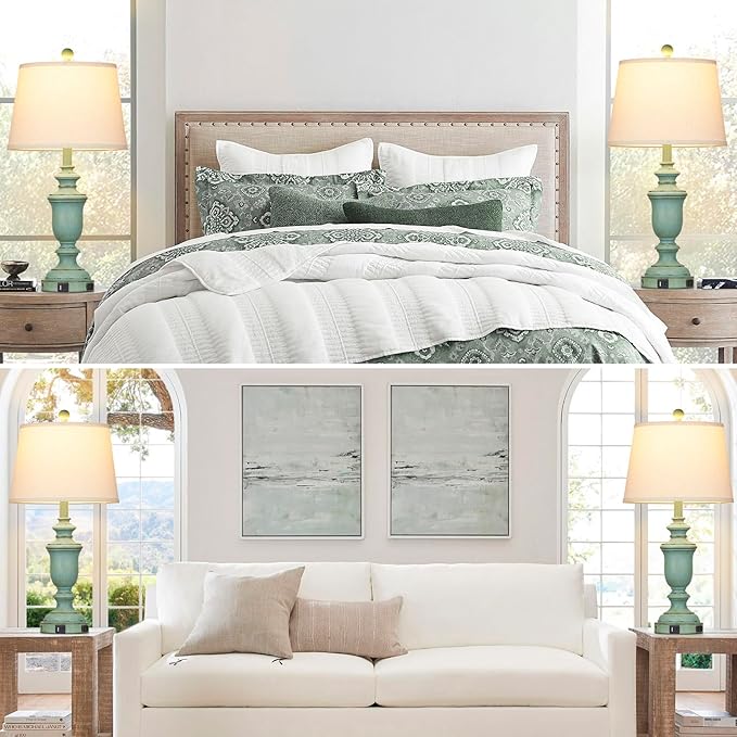 25.6" Farmhouse Table Lamps Set of 2 with USB C+A Ports & AC Outlet for Rustic Living Room Retro Bedroom,3-Way Dimmable Touch Lamp Bedside Lamps for Nightstand Side End Table,Retro Green - Bloomnest