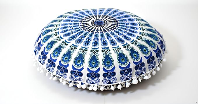 CRAFT KALA Boho Large Floor Pillow Pouf Cover Mandala Meditation Room Pillow Cover for Adults Round Bohemian Seating Pouf Cushion Cover for Kids Playroom 22" Green Sky Peacock - Bloomnest