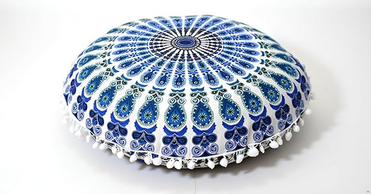 CRAFT KALA Large Round Bohemian Floor Pillow Pouf Cover Mandala Meditation Room Pillow Cover for Adults Boho Seating Poufs Cushion Cover for Kids Playroom 32" Round Green Sky Peacock - Bloomnest
