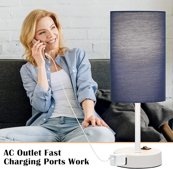 ZJOJO Table Lamp for Bedroom Set of 2, Bedside Small Lamps with 3 Way Dimmable Rocker Switch and AC Outlet, Nightstand Desk Lamp with Blue Fabric Shade White Base for Living Room Home Decor Lights - Bloomnest