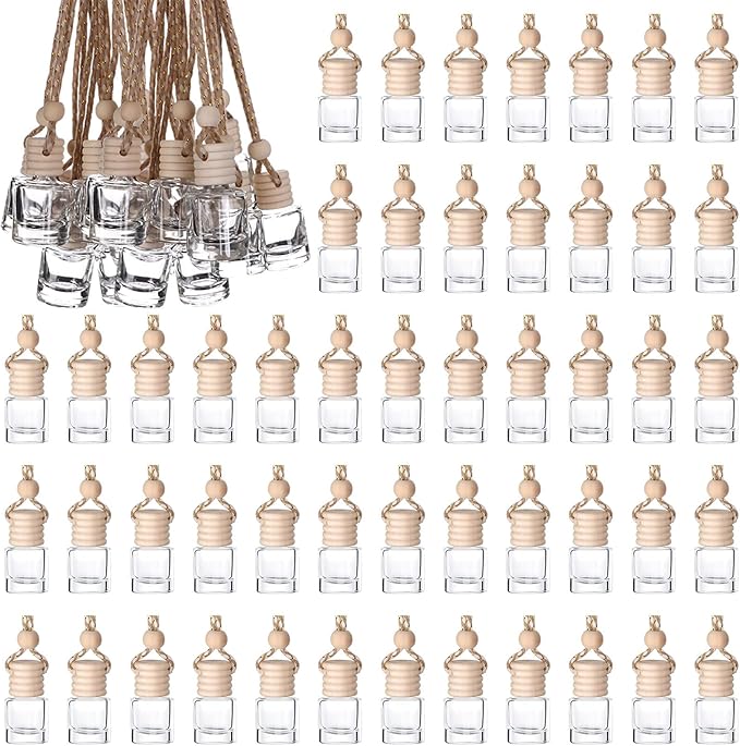 50Pcs Hanging Car Air Freshener Diffuser with Wooden Caps 8ML Empty Clear Car Diffuser Bottles Hanging Glass Essential Diffuser Oil Fragrance Perfume Pendant Glass Vial,Cylindrical - Bloomnest