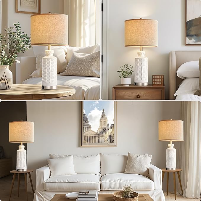 28" White Table Lamps Set of 2, Ceramic Lamps for Living Room with 2 USB Charding Ports, Modern Bedroom Lamps for Nightstand, 2 LED Bulbs Included - Bloomnest