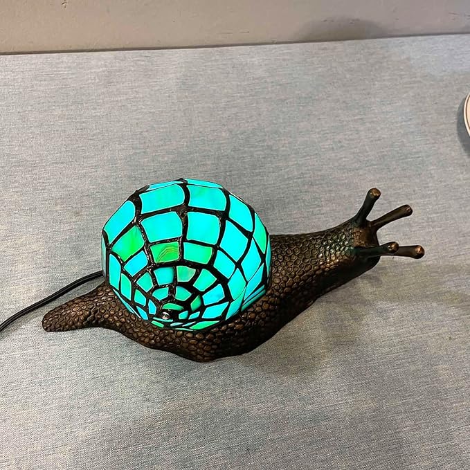Bieye L10975 Land Snail Tiffany Style Stained Glass Accent Table Lamp for Home Decoration (Cyan, 10" D x 5" W x 5" H) - Bloomnest