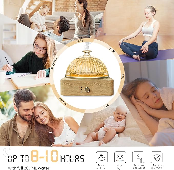 Glass Dome Essential Oil Diffuser with Glass Reservoir & Wood Base-No Plastic, 200ml Ultrasonic Diffuser for Aromatherapy with Timer 7 Color Light Auto-Off for Home Office Yoga Pilates - Bloomnest