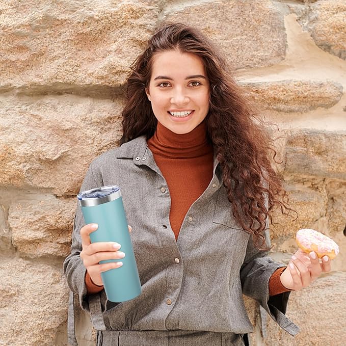 20 oz Skinny Tumbler with Lid and Straw,Stainless Steel Vacuum Insulated Tumbler Cup Double Wall Leak-proof Coffee Mug,Travel Thermal Water Tumbler for Home,Office,Outdoor (Glacier blue,8) - Bloomnest