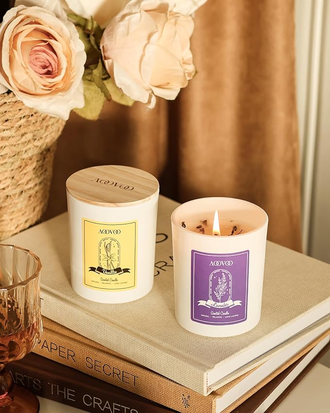 AOOVOO Lavender Candles Set for Women - 4 Pack Candles for Home Scented, 28 oz 200 Hour Long Lasting Aromatherapy Candle with Crystals Inside, Birthday Gifts Christmas Candle for Women Mom - Bloomnest