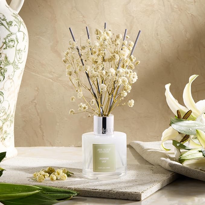 Airkeep Reed Diffuser Set, 3.38 fl oz (100 ml) - Jasmine Lily Lemon Oil Diffusers with 8 Reed Sticks, Home Fragrance Reed Diffuser for Bathroom Shelf Decor