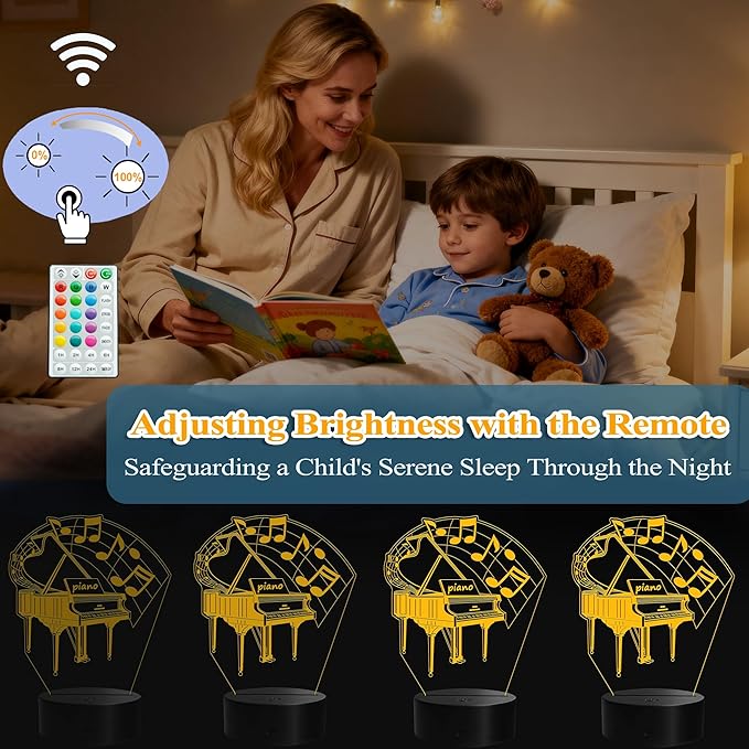 Piano Night Light, Music Piano Gifts, 3D Illusion Lamp with Remote Control, 16 RGB Colors, 4 Flashing Modes, Timer, Dimmable, Kids Music Room Decoration for Holiday Birthday Christmas - Bloomnest