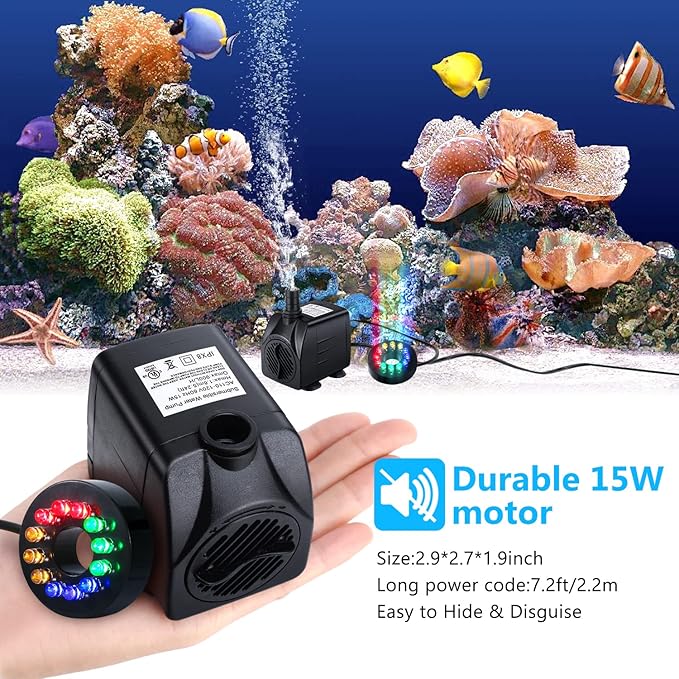 Fountain Pump with LED Lights, 220GPH(15W 900L/H) Submersible Water Pump, Durable Outdoor Fountain Water Pump with 6.5ft Tubing (ID x 1/3-Inch), 3 Nozzles for Aquarium, Pond, Fish Tank - Bloomnest