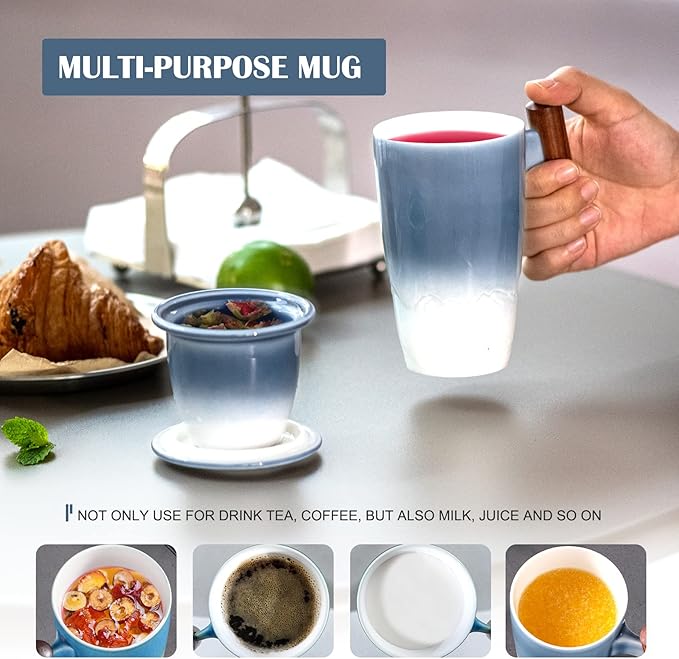suyika Tomotime Tea Cup with Infuser and Lid 400ml Ceramic Tea Mugs Smooth Inner Wall Wooden Handle 13.5 oz,Blue