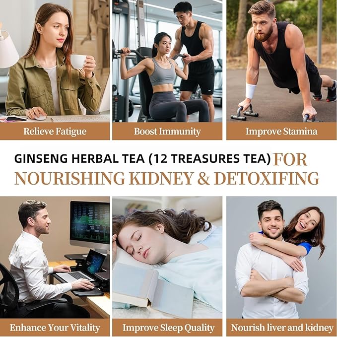 Premium Ginseng Tea - Natural Organic Kidney and Liver Detox Tea - 12 Herbal Blend with Goji Berry，Jujube, Longan, Mulberry & Maca - Caffeine & Sugar Free - 25 Individually Wrapped Pyramid Large Tea Bags (250g) - Bloomnest