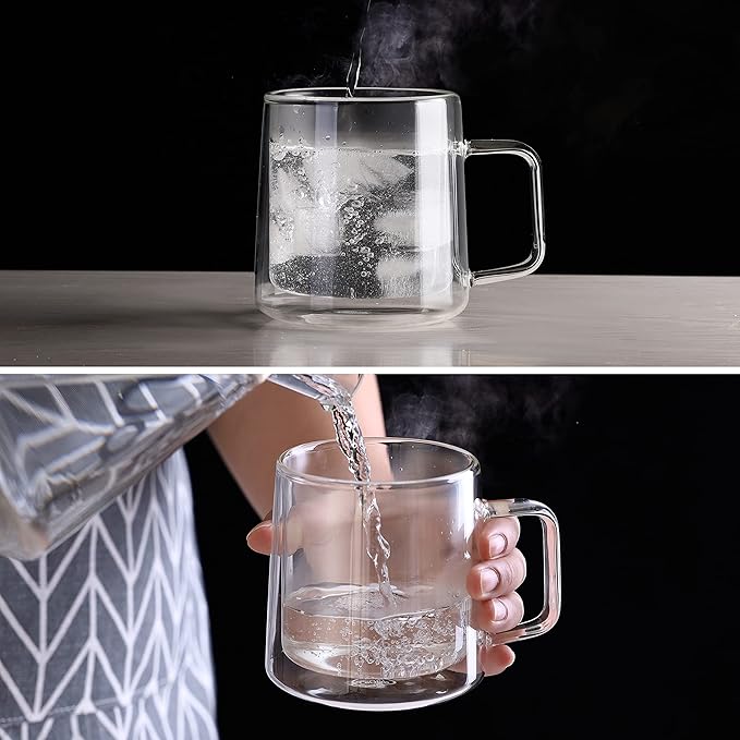 CNGLASS 12oz Glass Coffee Mugs,Double Wall Insulated Glass Cups with Handle,Clear Espresso Mugs for Latte,Cappuccino,Tea Bag,Set of 2 - Bloomnest