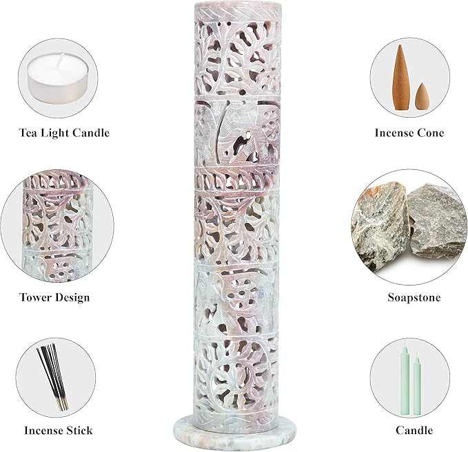 Crocon Soapstone Handmade Tower Candle Burner Elephant Leaf Crafting Incense Tower Burner | Tea Light Holder | Living Room Decor Kitchen Home Fragrance Decorative Great Gift Set - 2.9X2.9X10 Inch