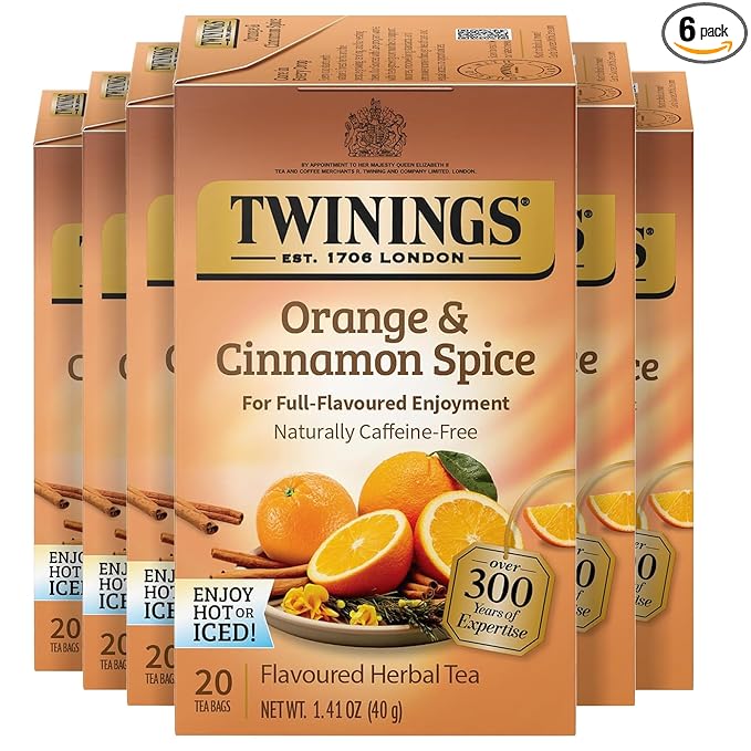 Twinings Orange & Cinnamon Spice Herbal Tea Individually Wrapped Bags, 20 Count (Pack of 6), Naturally Caffeine-Free, Enjoy Hot or Iced, 120 Teabags - Bloomnest