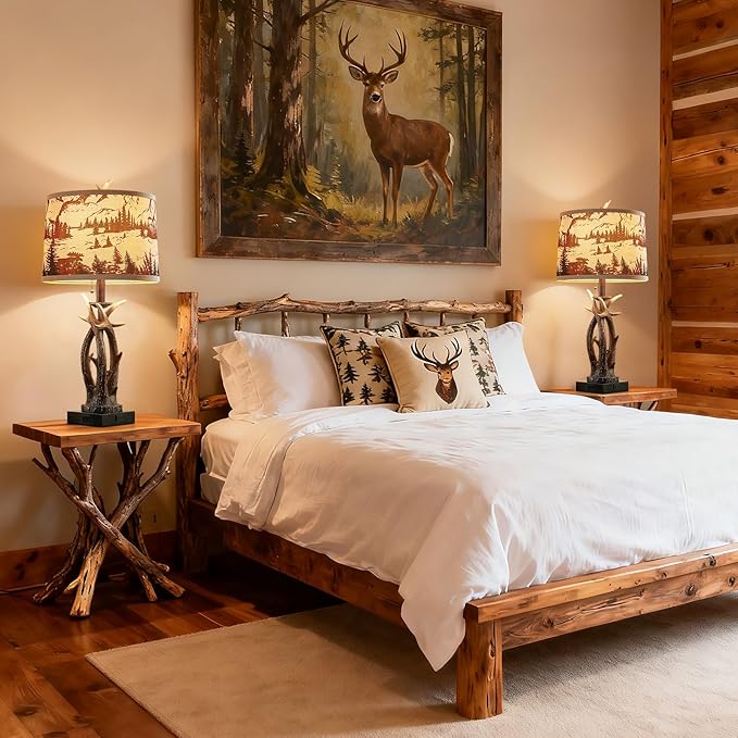 Rustic Farmhouse Antler Table Lamp Set of 2 with USB A+C Ports & AC Outlet Linen Fabric Deer Print Round Shade 27" Bedside Lamp for Living Room Bedroom Cabin Lodge Décor, Pull Chain Deer Antler Lamp - Bloomnest