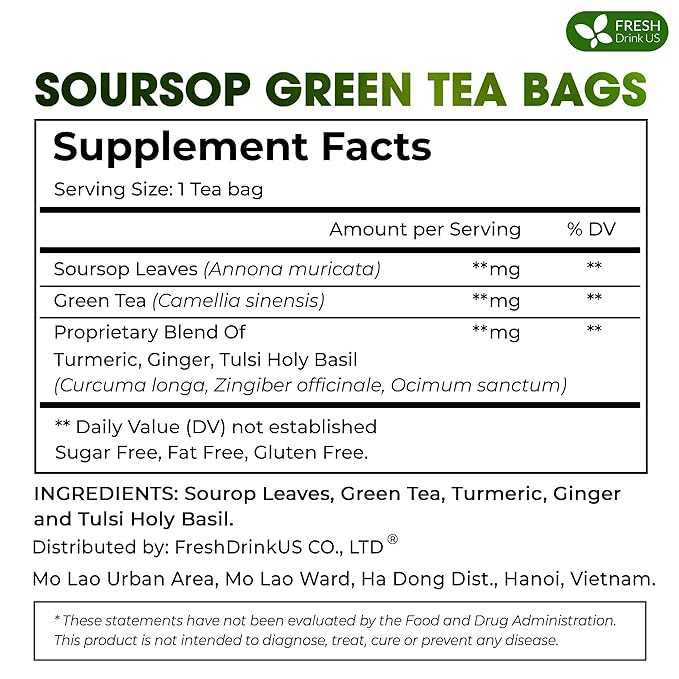 FreshDrinkUS, Premium 75 Tea Bags Soursop Green Tea, 100% Natural & Proprietary Blend from Soursop Leaves and Green Tea. Smooth Flavor. Made with Eco-Conscious Tea Bags. No Additives No Sugar, Vegan. - Bloomnest