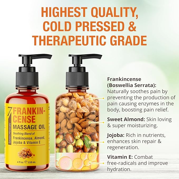Seven Minerals Frankincense Massage Oil for Massage Therapy - 4oz - Ideal for Professional or at-Home Body Massage. Soothing Natural Blend of Almond, Jojoba & Vitamin E