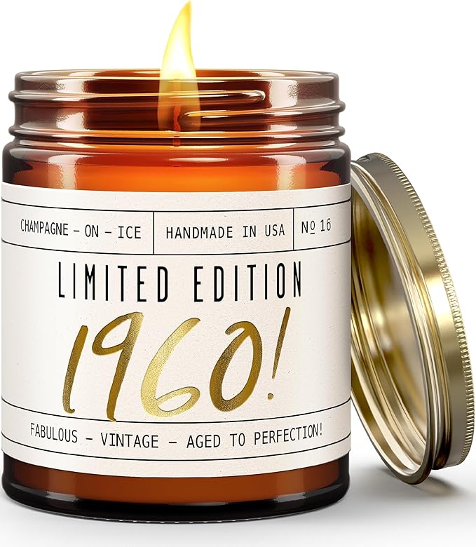 65th Birthday Gifts for Women - 'Limited Edition 1960' Soy Candle, w/Champagne on Ice I 65 Birthday Gifts for Women I 65th Gift for Her Ideas I 9oz Reusable Jar, 50Hr Burn, Made in USA - Bloomnest