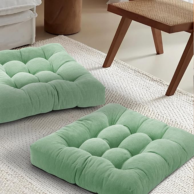 Floor Pillow Cushions for Adults Sitting Large Big Pillows for Floor Seating Square Memory Foam Thick Tufted, 22 x 22 Inch, Set of 2, Green - Bloomnest