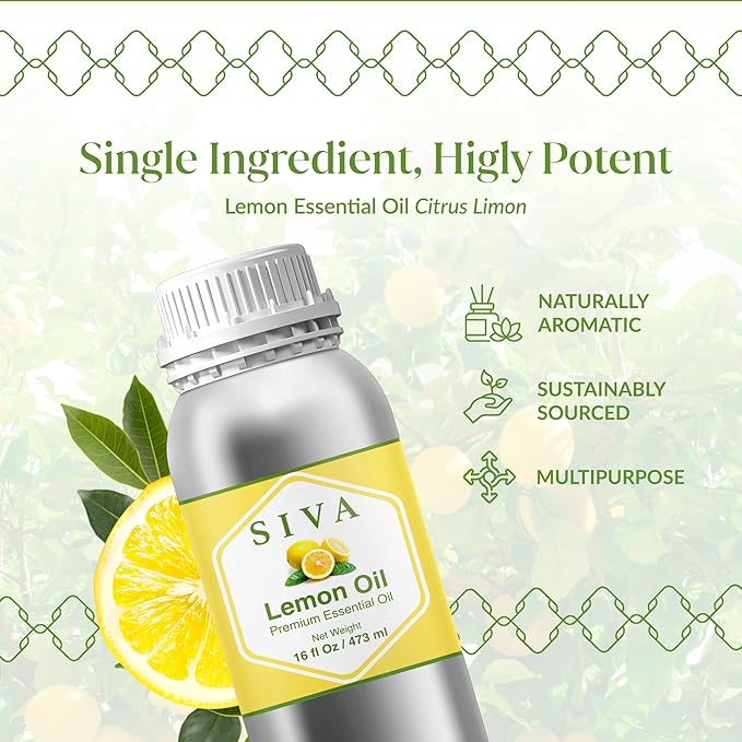 Siva Lemon Essential Oil - 16 Fl Oz – 100% Natural Lemon Oil - for Diffuser, Face, Skin Care, Aromatherapy, Hair Care, Scalp and Body Massage SIVAOrganics