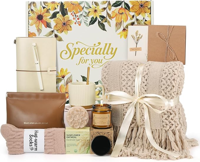Self Care Gifts for Women, Thinking of You Gift Baskets for Women, Valentines Day Birthday Gifts, Get Well Soon After Surgery with Blanket Gifts for Best Friend Mom Her Girlfriend Coworker - Bloomnest