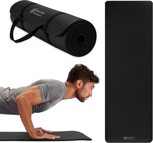 Gaiam Essentials Thick 2/5" (10mm) and Thin 1/4" (6mm) Yoga & Pilates, Fitness & Exercise Mat with Easy-Cinch Carrier Strap