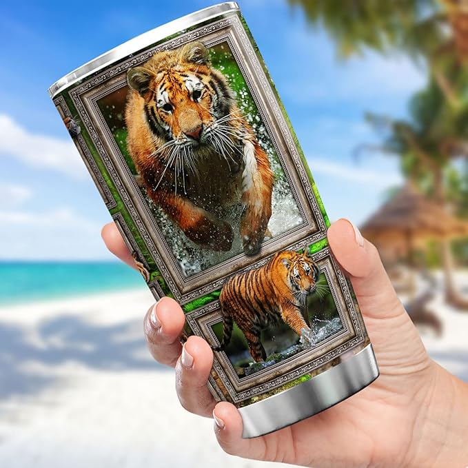Tiger Print Tumbler Wildlife Animal Themed Gifts For Adults Stainless Steel Cup With Lid 20oz Cool Tigers Animals Insulated Travel Mug Tiger Stuff For Men Birthday Present - Bloomnest