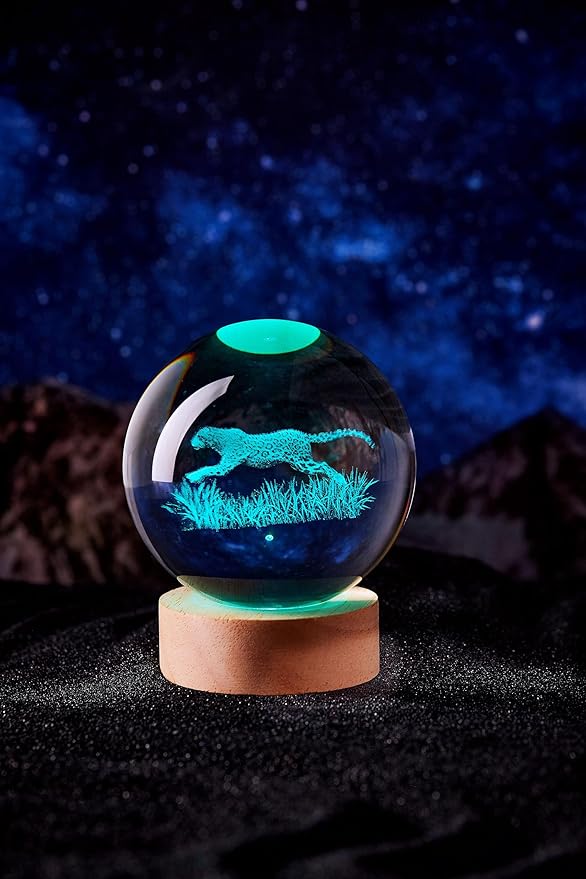 3D Large Leopard Crystal Ball Night Light with Wooden Base, Cheetah Crystal Lamp Gift for Kids Wife Friends, 16 Color Changing with Remote Control, Laser Engraved 3.15 inch Glass Ball Lamp (Leopard) - Bloomnest