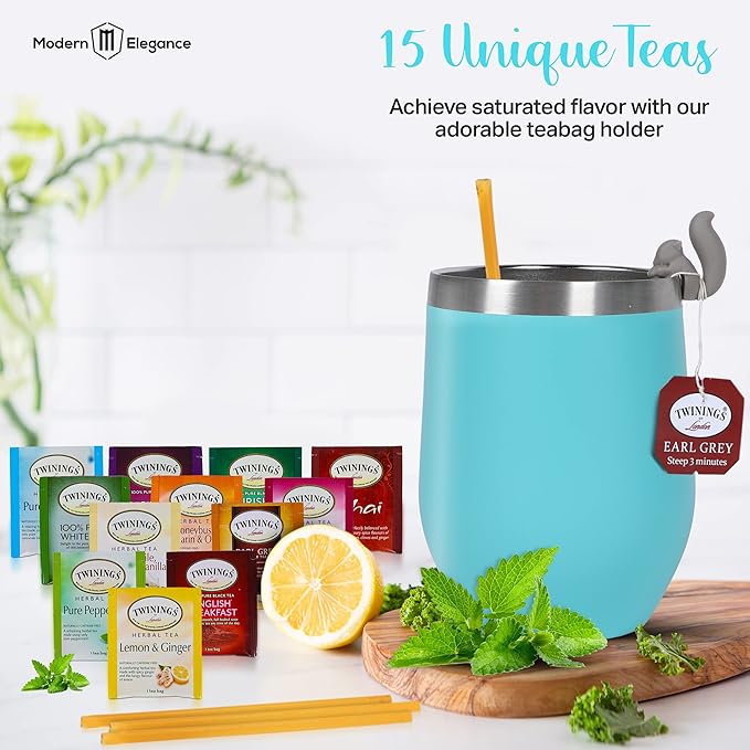 Modern Elegance Tea Tumbler Gift Set – Includes Tea Bag Holder, Spoon, Honey Straw, 15 Assorted Flavor Blends & Hot & Cold 12oz Insulated Tumbler – Ideal for Holiday Gift for Tea Lovers – Teal - Bloomnest