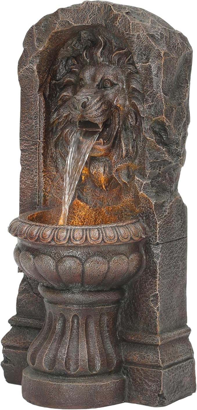 30in Outdoor Water Fountain with LED Lights, Majestic Bronze Lion Sculpture Garden Fountain, 2-Tier Pedestal Waterfalls, Durable Resin Water Feature for Yard, Patio or Porch Decor