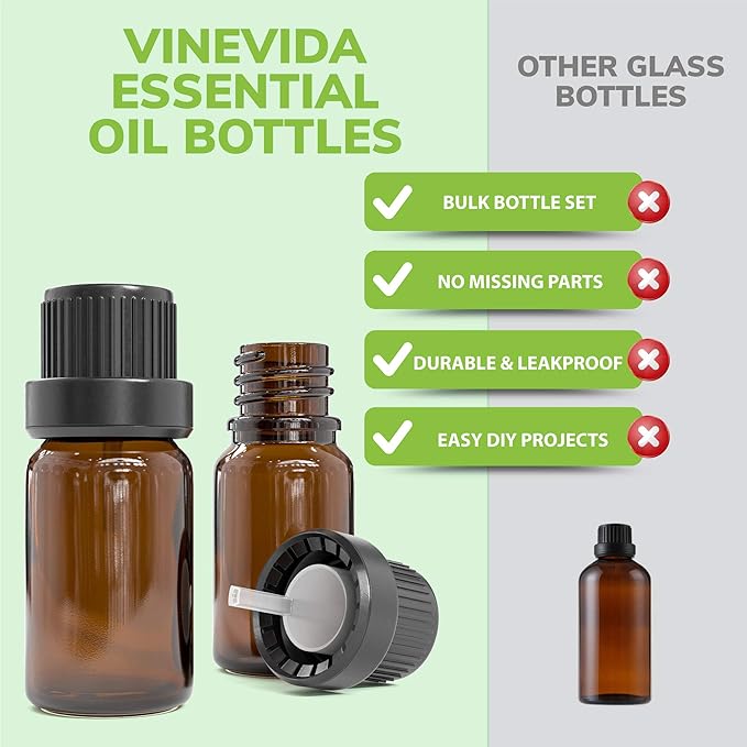 Wholesale Essential Oil Bottles Bulk - 270 Amber glass bottles With Caps and Droppers for Essential Oils, Aromatherapy, Perfume Samples, Mini 10 ml Glass Vials | Complete Carrier Oil Kit, DIY. VINEVIDA