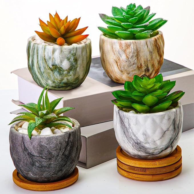 Marbling Ceramic Flower Pot 3.35 Inch Succulent Small Plant Cactus Herbs Planter Ceramic Pot with Drainage Hole Matte Round Container(4 Pcs,Modern Style) - Bloomnest