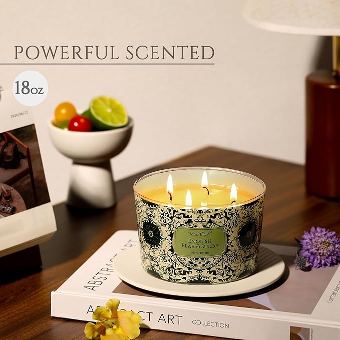 HomeLights Soy Wax Candles for Home Scented, 4-Wick Candles in English Pear & Suede Scented, Aromatherapy Candles Gift for Parties, Relaxing, Bohemian Natural Textures, 18oz - Bloomnest
